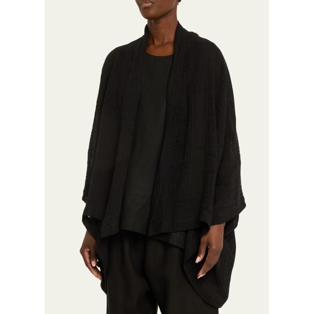 Eskandar Wide Scrunch Shawl Collar Jacket Womens 1 Black Linen Blend Long Plus